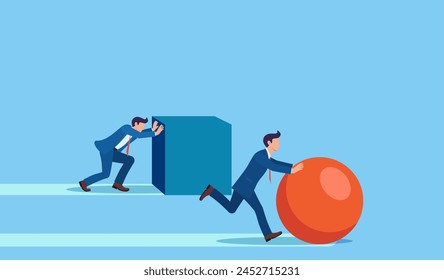 Winning strategy business concept. Competition. Enterprising businessman pushes sphere. Behind are pushing heavy load. Direction to victory. Effective achievement.