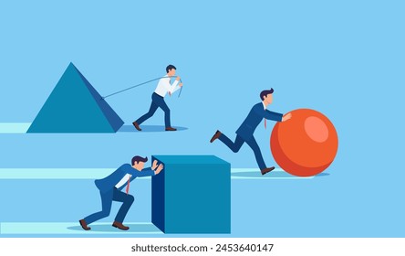 Winning strategy business concept. Competition. Enterprising businessman pushes sphere. Behind are pushing heavy load. Direction to victory. Effective achievement.