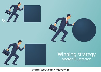 Winning strategy business concept. Competition. Enterprising businessman pushes sphere. Behind are pushing heavy load. Direction to victory. Effective achievement.