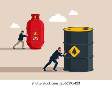 Winning strategy business concept. Effective achievement. Competition. Enterprising businessman pushes barrels oil and gas cylinder. Direction to victory. Flat vector illustration.