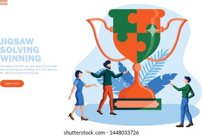 winning strategy with jigsaw trophy and team conversation concept vector illustration
