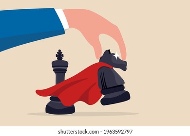 Winning Strategy Or Victory Move In Business Competition, Success Tactic Or Smart Move Concept, Strategic Businessman Hand Holding Superpower Knight Chess Piece To Move To Winning Turn.