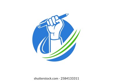 winning student hand holding pencil education logo