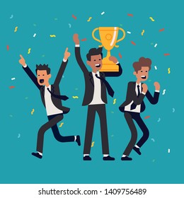 Winning and success in business and industry flat vector illustration. Business men celebrating their great success and achievements Winning and success in business and industry flat vector illustration. Business men celebrating their great success and achievements