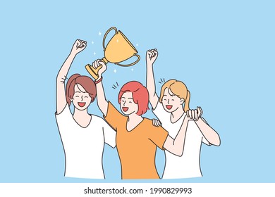 Winning, success, celebration victory concept. Group of smiling happy girls team cartoon characters standing holding golden prize for first place in hands celebrating victory vector illustration 