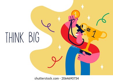 Winning, success and think big concept. Young smiling man leader cartoon character standing holding first golden trophy in hands vector illustration 