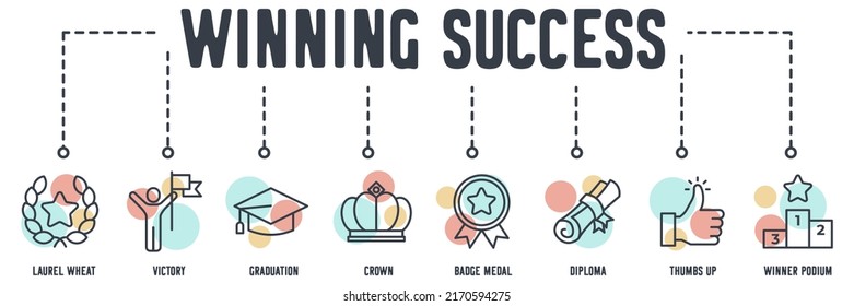 Winning Success web icon. laurel wheat, victory, graduation, crown, badge medal, diploma, thumbs up, winner podium vector illustration concept.