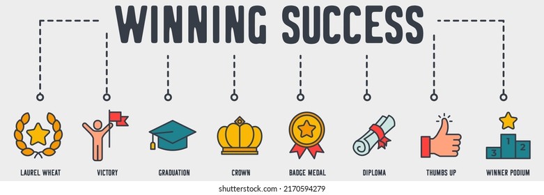 Winning Success web icon. laurel wheat, victory, graduation, crown, badge medal, diploma, thumbs up, winner podium vector illustration concept.