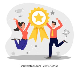 Winning team concept. Man and woman rejoices with gold medal in their hand. Award, reward and trophy, achievement, victory. Best employees, successful workers. Cartoon flat vector illustration