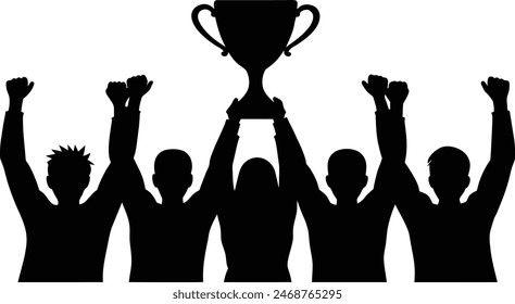 Winning team is holding trophy in hands. Silhouettes of many hands in trophy.