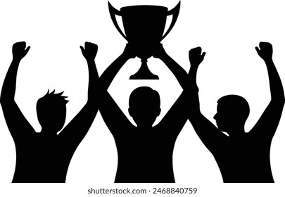 Winning team is holding trophy in hands. Silhouettes of many hands in trophy.