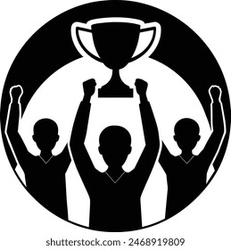 Winning team is holding trophy in hands. Silhouettes of many hands in trophy.