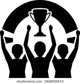 Winning team is holding trophy in hands. Silhouettes of many hands in trophy.