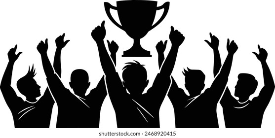 Winning team is holding trophy in hands. Silhouettes of many hands in trophy.