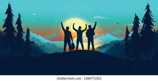 Winning team in landscape - three friends on hilltop cheering with hands in air. Exited men on a journey reaching their goals. Success, winners and team building concept. Vector illustration.