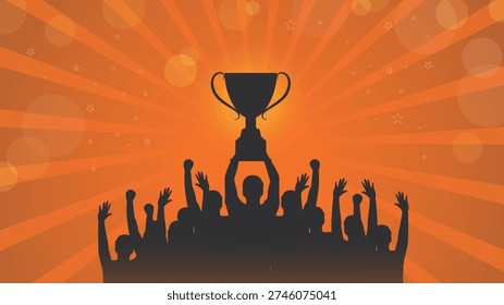 Winning team lifting trophy on bright orange rays background for success and celebration