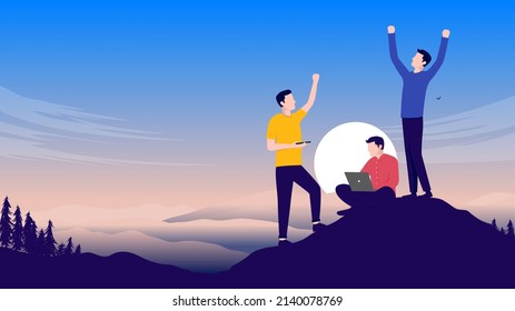 Winning Team On Top - Three Business People In Casual Clothing On Mountaintop Cheering With Hands In Air. Successful Teamwork Concept. Flat Design Vector Illustration