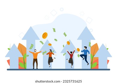 Winning team success, congratulations on achieving business goals, collaboration or encouragement concept, happy male and female colleagues jumping with up arrow. flat vector illustration.