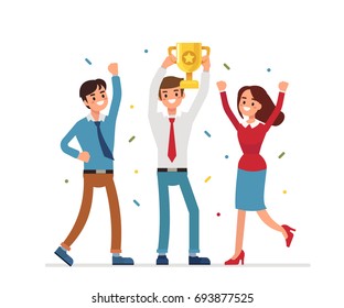 Winning team with trophy. Flat style vector illustration isolated on white background.