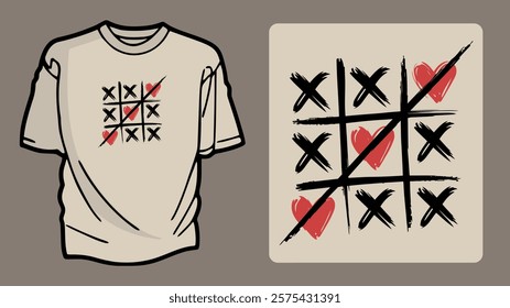 Winning Tic Tac Toe T-shirt Design Featuring XOX Pattern and a Bold Red Heart