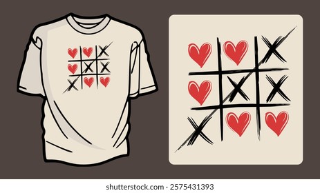 Winning Tic Tac Toe T-shirt Design Featuring XOX Pattern and a Bold Red Heart