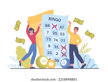 Winning ticket concept. Man and woman next to balls with numbers. Gambling, luck and fortune. Advertising poster or banner for website. Characters playing lottery. Cartoon flat vector illustration