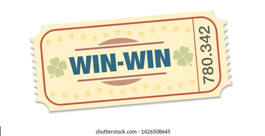 Winning Ticket, Raffle For Win Win Situation. Single Strip Ticket With Lucky Clover, Stars And Winning Number. Isolated Vector On White Background.
