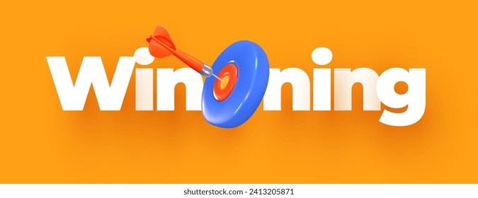 "Winning" title with a dart hitting the target. Victory concept. In 3D style. Vector illustration