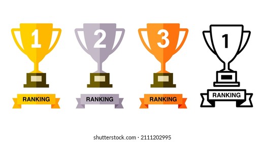 Winning trophies, winning cups, gold, silver and bronze rankings vector icon illustration material set