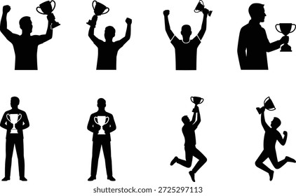 Los campeones ganadores del trofeo establecen el Paquete con la Ilustración vectorial de la silueta de las poses de la celebración para el concepto del éxito
