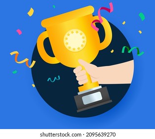 The winning trophy and confetti from firecracker illustration set. prize, gold, star, medal, award, laurel. Vector drawing. Hand drawn style.