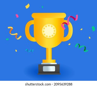The winning trophy and confetti from firecracker illustration set. prize, gold, star, medal, award, laurel. Vector drawing. Hand drawn style.