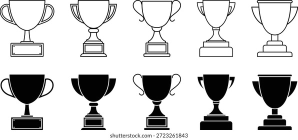 Winning trophy cup set silhouettes collection, outline icons of award trophies and winners cups, vector cartoon illustration.