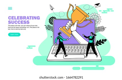 winning trophy in hand from the computer screen with growth arrow vector illustration