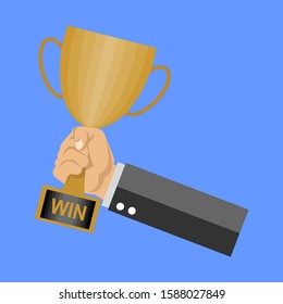 Winning trophy icon in hand. Symbol of success. Victory and championship. Gold cup. Vector illustration of flat design. Isolated against a blue background.