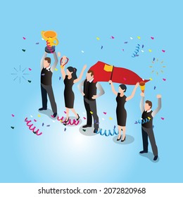 The winning working team 3d isometric vector illustration concept for banner, website, landing page, ads, flyer template