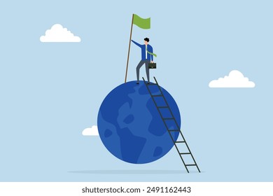 Winning world, successful businessman climbing a ladder and holding a globe winning flag