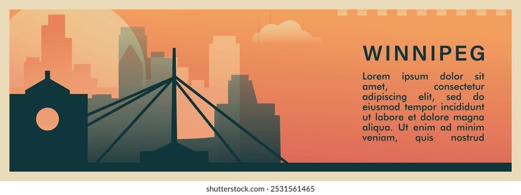 Winnipeg city brutalism vector banner with skyline, cityscape. Canada, Manitoba province town retro horizontal illustration. Travel layout for web presentation, header, footer