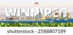 Winnipeg cityscape colorful vector illustration with big city name on the background. Travel trendy poster