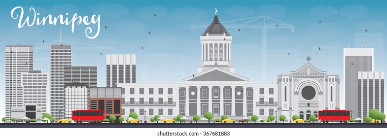 Winnipeg Skyline with Gray Buildings and Blue Sky. Vector Illustration. Business Travel and Tourism Concept with Modern Buildings. Image for Presentation Banner Placard and Web Site.