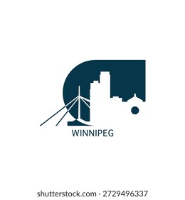 Icono de Vector de Winnipeg con horizonte, vista panorámica, forma de ciudad. Canadá, concepto de logotipo de Lugares famosos de la provincia de Manitoba. Gráfico aislado plano azul, insignia