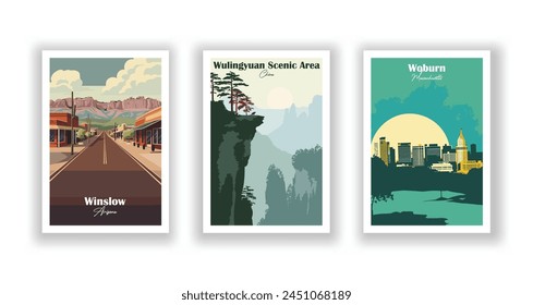 Winslow, Arizona, Woburn, Massachusetts, Wulingyuan Scenic Area, China - Vintage travel poster. Vector illustration. High quality prints