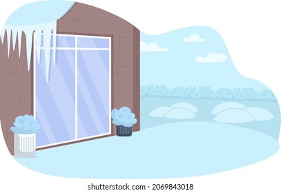 Wint home yard 2D vector isolated illustration. Icicles hanging from roof. Snow in backyard. Winter season flat scenery on cartoon background. Cold weather in suburban area colourful scene