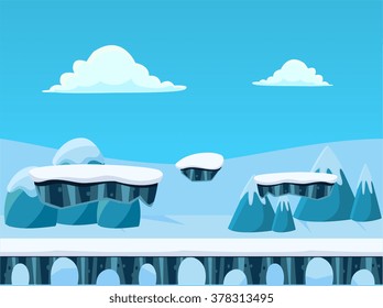 Winted Seamless Background with Bridge for Platform Games. Seamless Vector Illustration
