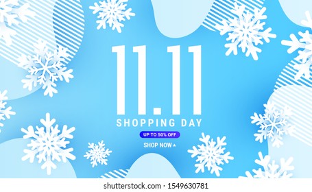 Winter 11.11 liquid liquid wave banner form with white snowflake and shadow shape decor on a blue plain background with place for your text