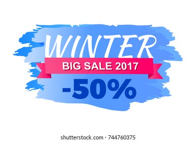 Winter 2017 big sale icon isolated on white background. Vector illustration with seasonal discount advert on sign in shades of blue, half price -50%