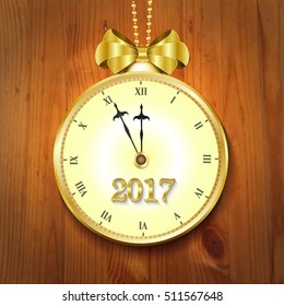 Winter 2017 new year card with vintage clock and gold bow on wooden background. Vector illustration