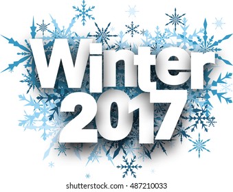 Fondo blanco de invierno 2017 con copos de nieve azules. Ilustración vectorial.