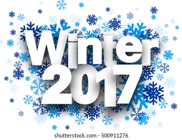 Fondo blanco de invierno 2017 con copos de nieve azules. Ilustración de papel vector.