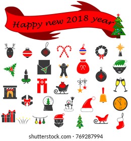 Winter 2018 New year icons set. Many different decorative elements for winter holidays. Premium quality graphic design collection icons for websites, web design, mobile app on white background